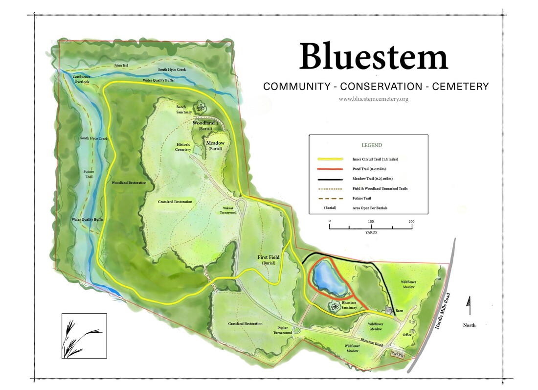 Trail map of Bluestem Conservation Cemetery showing paths and burial locations